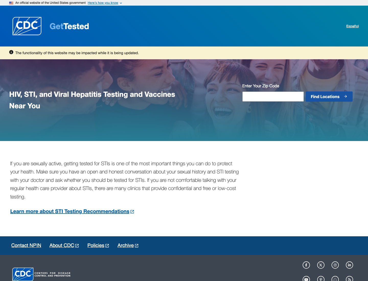 Screenshot of the CDC GetTested homepage.