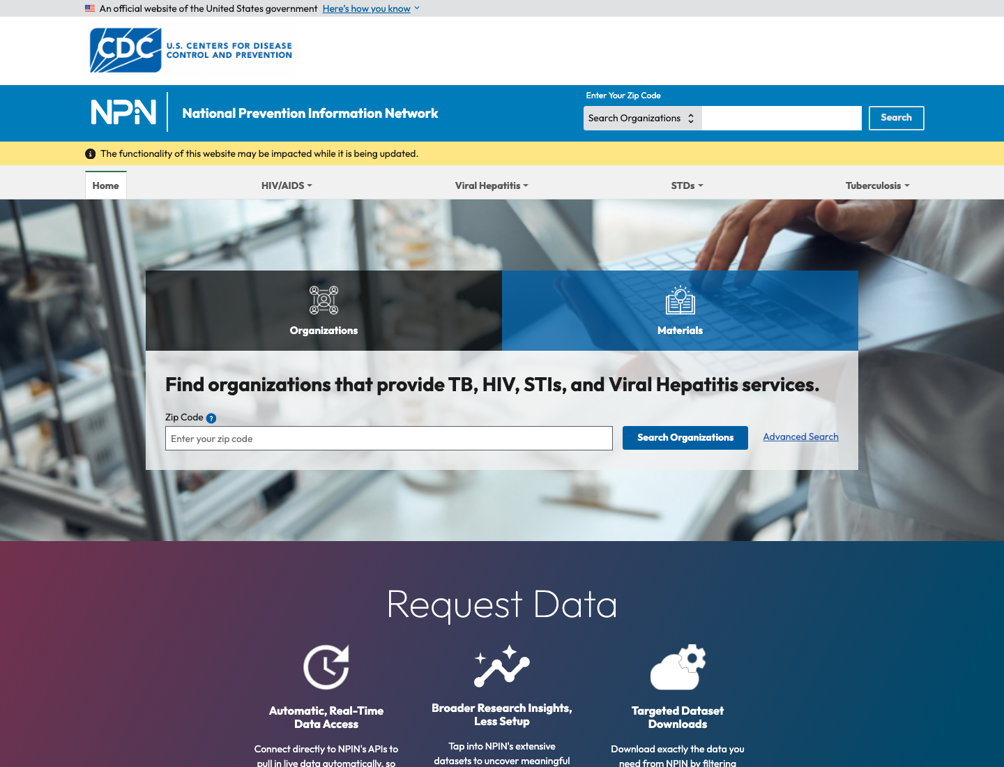 Screenshot of the CDC National Prevention Information Network homepage.